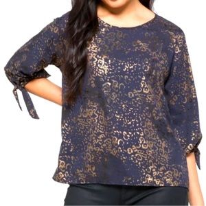 Papermoon Larie tie sleeve foil print blouse size large blue and gold